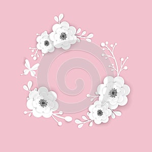 Paper Cut Flowers Frame Greeting Card Template. Decorative Design with 3D Origami Floral Elements for Spring Banner, Brochure