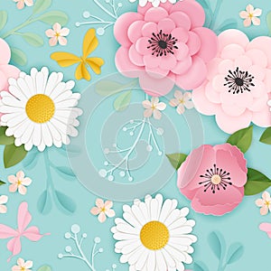 Paper Cut Flowers Seamless Pattern. Spring Floral Origami Background. Botanical Graphic Design Fabric Texture for Wallpaper