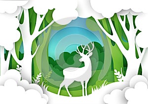 Paper cut forest landscape and beautiful deer silhouette. Vector illustration in paper art style. Save nature.
