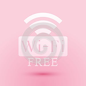 Paper cut Free Wi-fi icon isolated on pink background. Wi-fi symbol. Wireless Network icon. Wi-fi zone. Paper art style