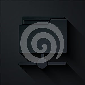 Paper cut FTP folder icon isolated on black background. Software update, transfer protocol, router, teamwork tool