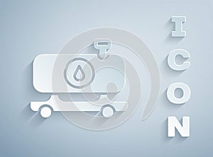 Paper cut Fuel tanker truck icon isolated on grey background. Gasoline tanker. Paper art style. Vector
