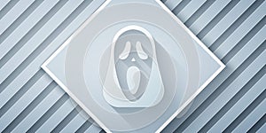 Paper cut Funny and scary ghost mask for Halloween icon isolated on grey background. Happy Halloween party. Paper art