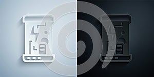 Paper cut Futuristic cryogenic capsules or containers icon isolated on grey and black background. Cryonic technology for