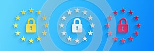 Paper cut GDPR - General data protection regulation icon isolated on blue background. European Union symbol. Security