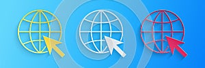 Paper cut Go To Web icon isolated on blue background. Globe and cursor. Website pictogram. World wide web symbol. Paper