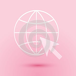 Paper cut Go To Web icon isolated on pink background. Globe and cursor. Website pictogram. World wide web symbol. Paper