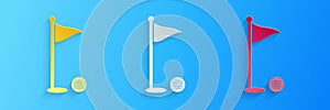 Paper cut Golf ball and hole with flag icon isolated on blue background. Golf course. Ball and flagstick in hole. Sport