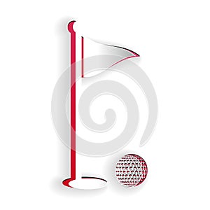 Paper cut Golf ball and hole with flag icon isolated on white background. Golf course. Ball and flagstick in hole. Sport