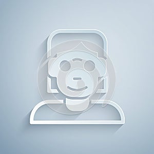 Paper cut Hacker or coder icon isolated on grey background. Programmer developer working on code, coding, testing
