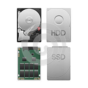 paper cut of hard disk drive vs ssd isolated is data storage equipment with SATA technology in computer for safety on white photo