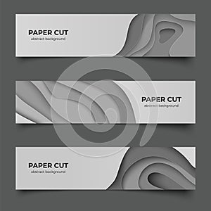 Paper cut horizontal banners. Abstract 3D flyers. Origami multilayer shapes and copy space. Decorative effect of color