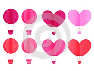 Paper cut hot air balloon valentine vector set. colorful hot air balloons in paper art element isolated in white background.