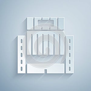 Paper cut Hotel Ukraina building icon isolated on grey background. Paper art style. Vector