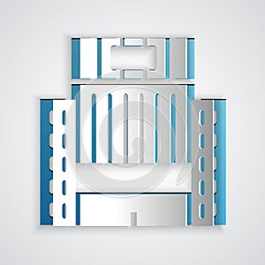 Paper cut Hotel Ukraina building icon isolated on grey background. Paper art style. Vector