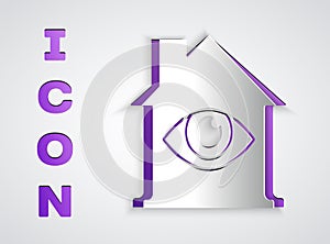 Paper cut House with eye scan icon isolated on grey background. Scanning eye. Security check symbol. Cyber eye sign