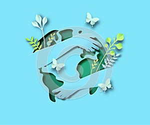 People arm hugging green leaf world map papercut