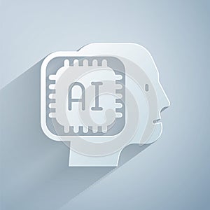Paper cut Humanoid robot icon isolated on grey background. Artificial intelligence, machine learning, cloud computing