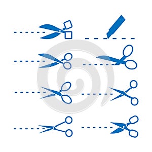 Paper cut icon with dotted line. Vector scissors with cut lines.