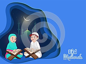 Paper cut illustration of boy and girl reading holy book (Quran) on blue background for Eid Mubarak festival poster or banner