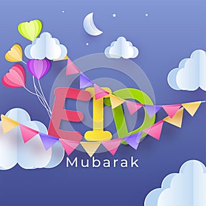 Paper cut illustration of decorating `Eid` text  for Eid Festival party