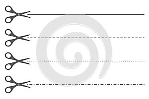 Paper cut illustration with dotted line. Scissors with border lines. Vector set dash symbols