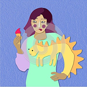 Paper Cut Illustration of Girl with Purple Hair in a Dragon Sweater, Eating Ice Cream