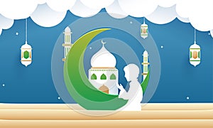 Paper cut illustration of a Muslim boy in Salah (Prayer, Namaz) position. creative Header banner or poster design for Ramadan photo