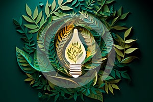 A paper-cut image of a light bulb surrounded by leaves, representing energy-efficient practices and reducing carbon emissions