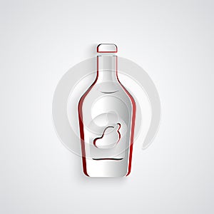Paper cut Ketchup bottle icon isolated on grey background. Hot chili pepper pod sign. Barbecue and BBQ grill symbol