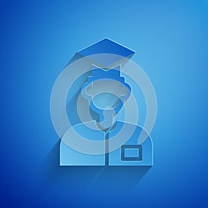 Paper cut Laboratory assistant icon isolated on blue background. Paper art style. Vector photo
