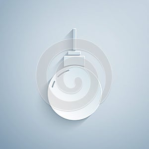 Paper cut Lamp hanging icon isolated on grey background. Ceiling lamp light bulb. Paper art style. Vector