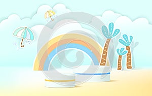 Paper cut landscape banner with rainbow and clouds made in realistic paper craft art. Kids colorful podium product display