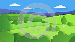 Paper cut landscape. Nature cartoon scene with green hills blue sky mountains clouds and forest. Vector paper art