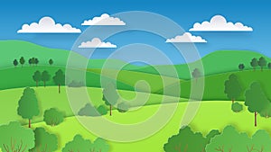 Paper cut landscape. Nature green hills fields mountains and forest, paper art rural scene. Vector ecology background