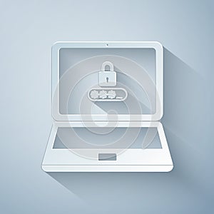 Paper cut Laptop with password notification and lock icon isolated on grey background. Concept of security, personal