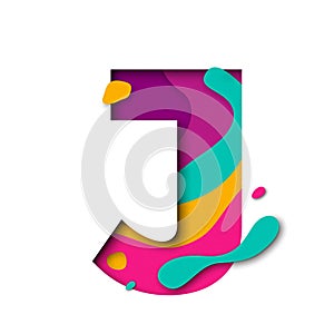 Paper cut letter J. Realistic 3D multi layers papercut isolated white background