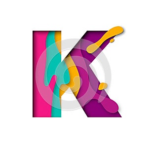 Paper cut letter K. Realistic 3D multi layers papercut isolated white background