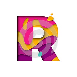 Paper cut letter R. Realistic 3D multi layers papercut isolated white background