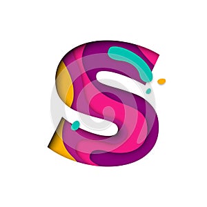 Paper cut letter S. Realistic 3D multi layers papercut isolated white background