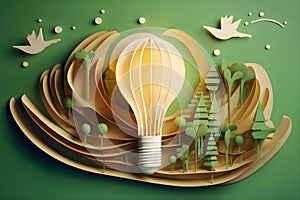 Paper cut of light bulb with eco city on a green background, Save energy creative idea concept, Generative AI 1