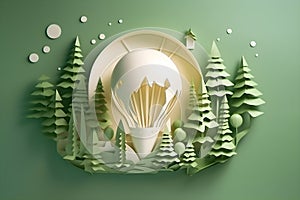 Paper cut of light bulb with eco city on a green background, Save energy creative idea concept, Generative AI 2