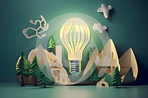 Paper cut of light bulb with green eco city on blue background, Save energy creative idea concept, Generative AI 1