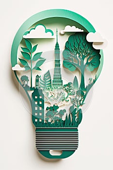 Paper cut light bulb with green eco city, city of future nature energy.
