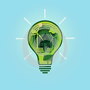Paper cut light bulb of green ecology and environment conservation concept