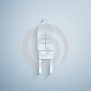 Paper cut Light emitting diode icon isolated on grey background. Semiconductor diode electrical component. Paper art