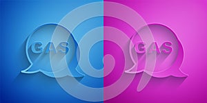 Paper cut Location and petrol or gas station icon isolated on blue and purple background. Car fuel symbol. Gasoline pump