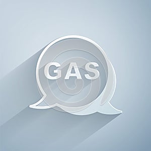 Paper cut Location and petrol or gas station icon isolated on grey background. Car fuel symbol. Gasoline pump. Paper art