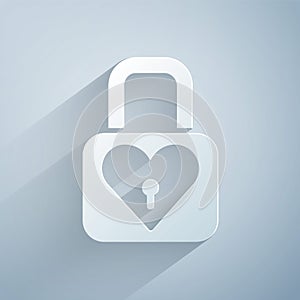 Paper cut Lock and heart icon isolated on grey background. Locked Heart. Love symbol and keyhole sign. Valentines day