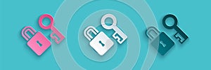Paper cut Lock with key icon isolated on blue background. Love symbol and keyhole sign. Paper art style. Vector